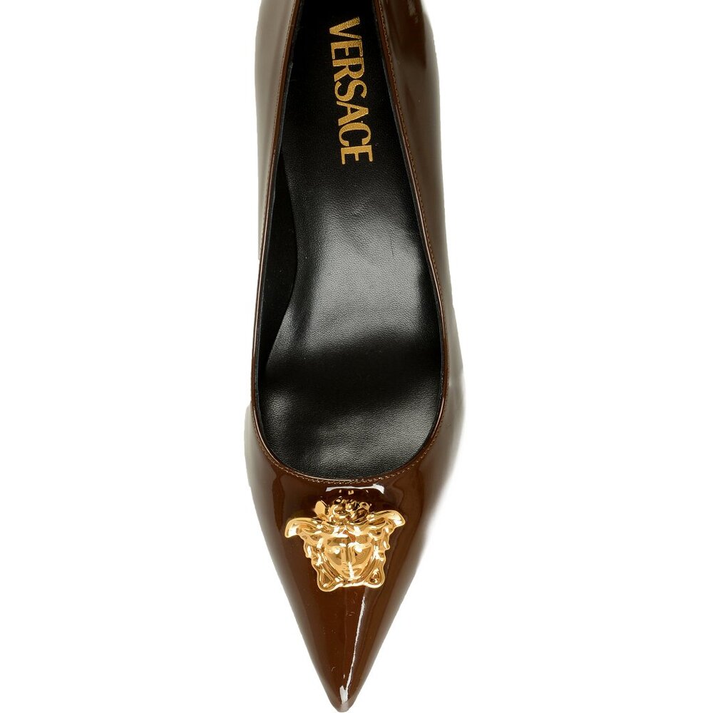 Versace Women's Gold Medusa Chocolate Patent Leather Pump Shoes US 10 IT 40 - Picture 7 of 8